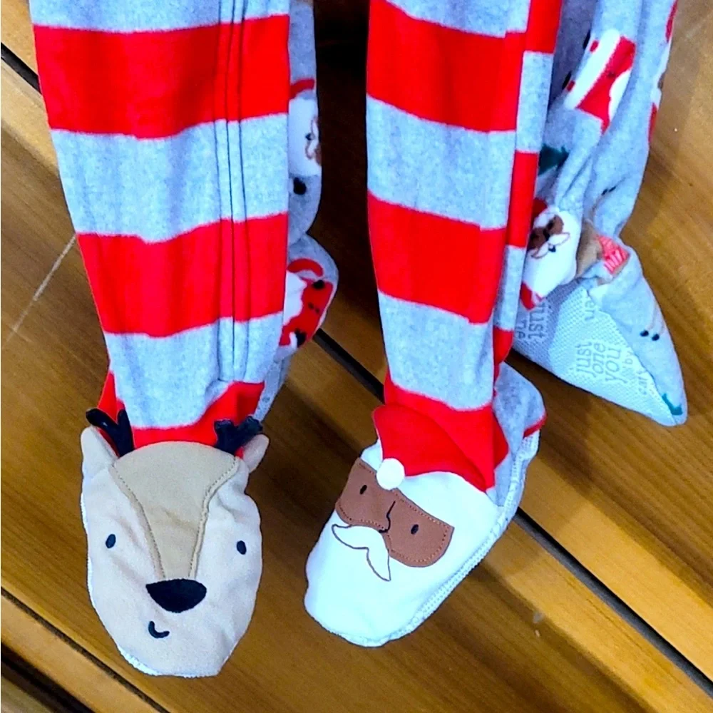 Carter's Set of 2 Holiday Stripes Reindeer & Black Santa Footed Pajamas New!